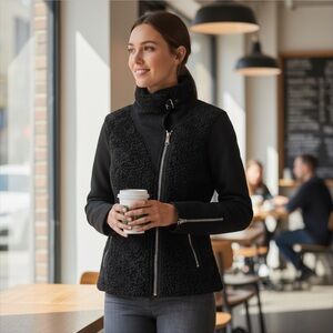 Vince Camuto Black Shearling Moto Zip Winter Coat Medium New